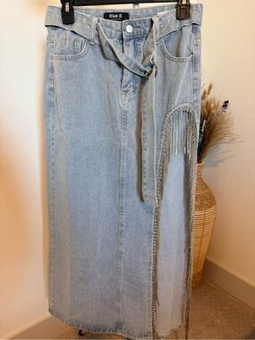 Blue B- Rancher Hat Bar Light Wash Denim Maxi Skirt slit with Rhinestone Fringe